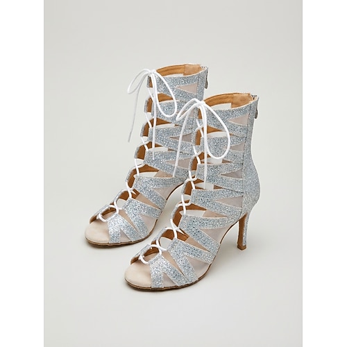 Damen-Lateintanzstiefel mit Strasssteinen – Schnürstiefel mit hohem Absatz für den Ballsaal Salsa-Tanzstiefel Image