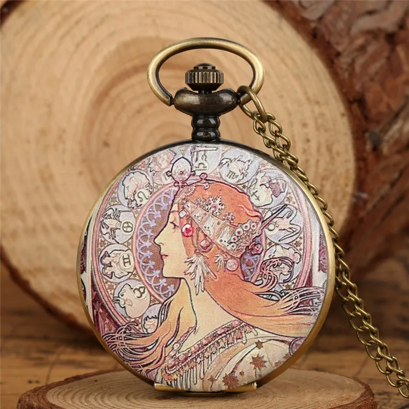 Vintage elegante Dame Display Bronze Quarz Taschenuhr mit Halskette Anhänger Kette arabische Ziffern weißes Zifferblatt Kette Uhr