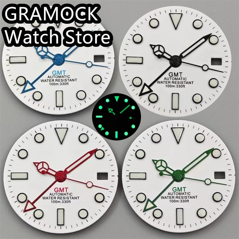 GRAMOCK 29 mm Zifferblatt mit schwarzem Rand, Zeichenmarkierungen, Schwarz, Blau, Grün, Rot, Orange, GMT-Text, grün leuchtend, passend für NH34-Uhrwerk