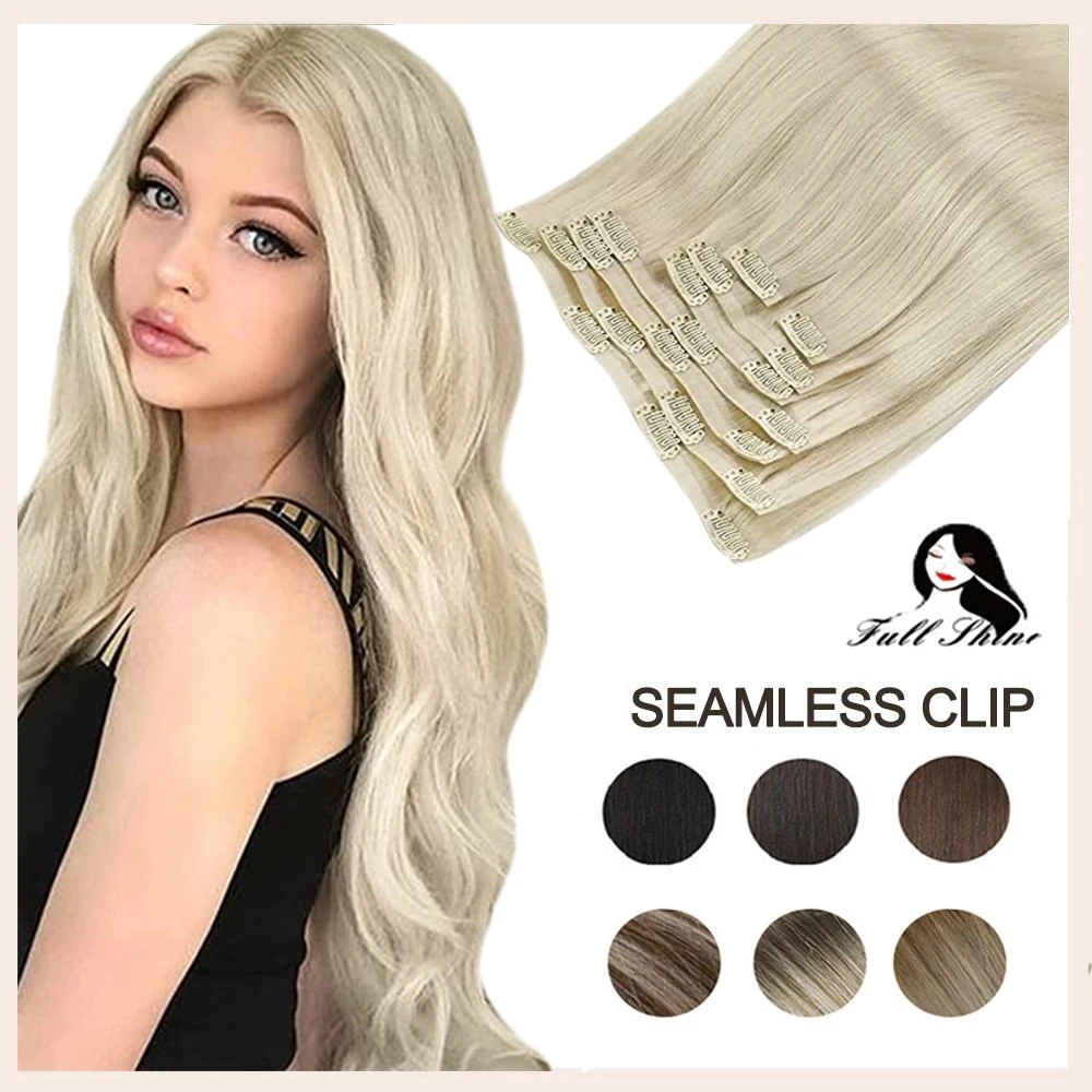 Voller Glanz, unsichtbare Clip-in-Haarverlängerungen, Echthaar, 8 Stück, 100 g und 80 g, blondes Haar, nahtloser Clip-on-Remy-Verlängerungs-Hautschuss Image