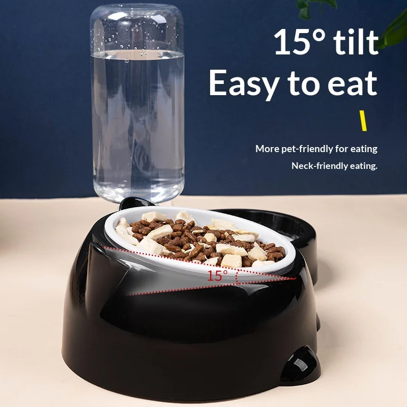 2-in-1 Haustier-Napf mit automatischem Wasserspender, geneigter erhöhter Katzen- und Hundenapf für Futter und Wasser, Anti-Würgen-Slow-Feeder-Schale für Haustiere