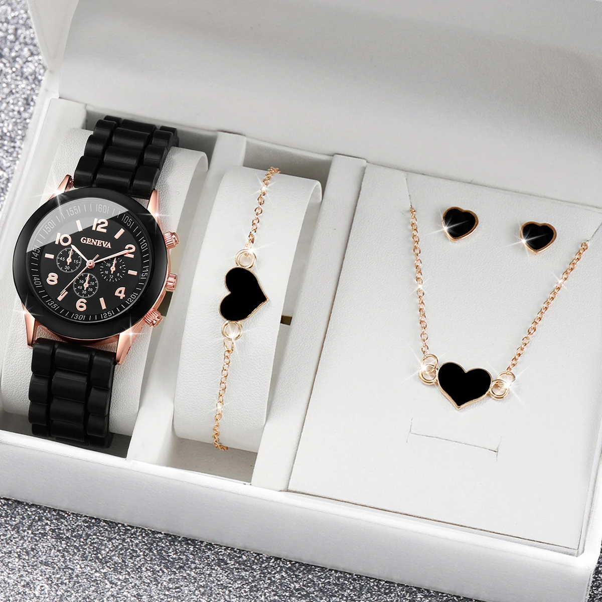 4 teile/satz Genf Uhr Mode Silikon Band Frauen Quarz Uhren Herz Schmuck Set (Ohne Box) Image