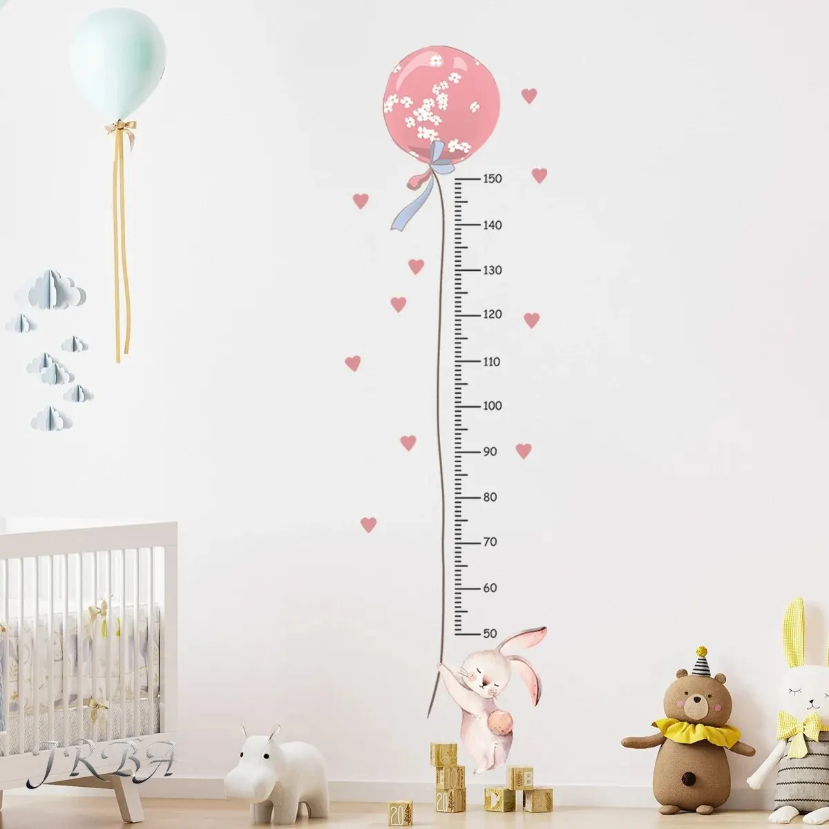 2 Stück Cartoon Niedliche Rosa Hasen-Ballon Höhenmessung Wandaufkleber für Kinderzimmer Schlafzimmer Heimdekoration Wandtattoos
