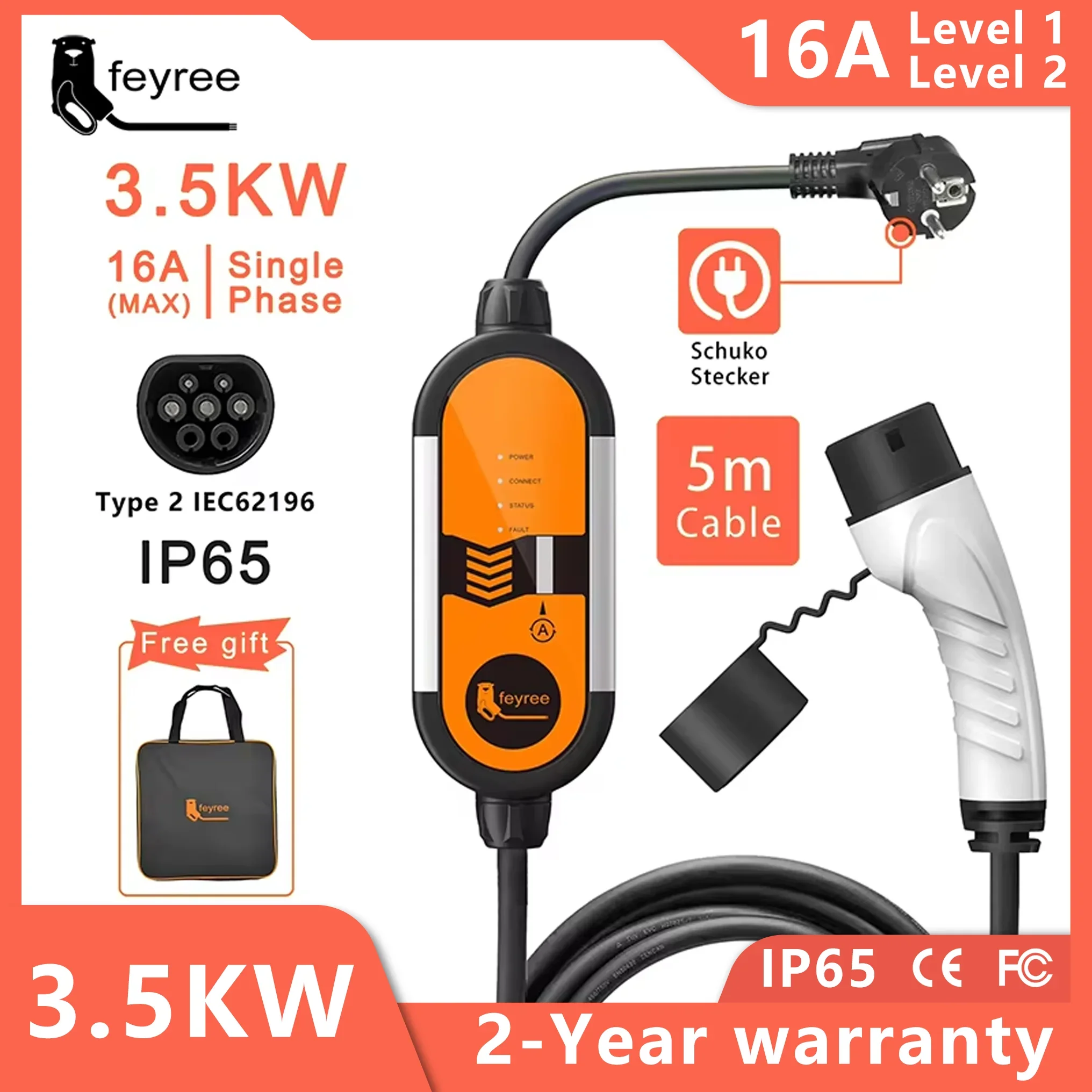 Feyree typ2 16a 3,5 kw tragbares ev ladegerät evse ladekabel 5m mit schuko steckers trom einstellbar für elektroauto ladegerät Image