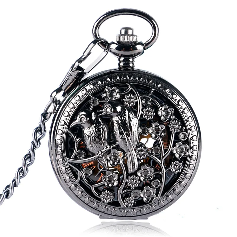 Antike Taschenuhr Aushöhlen Vogel Fall Unisex Handwinding Mechanische Uhren Männer Frauen Schwarz Uhr mit Anhänger Fob Kette