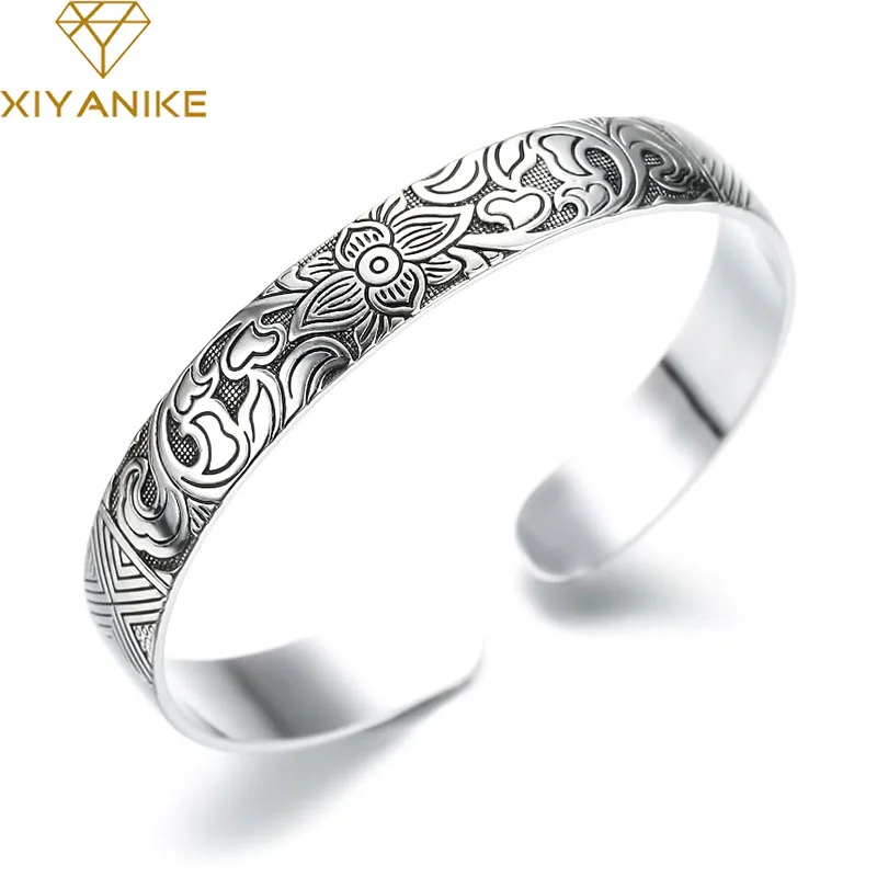 XIYANIKE Neue Mode Silber Farbe Manschette Armband Charme Frauen Vintage Lotus Blume Religiöse Partei Schmuck Einstellbar