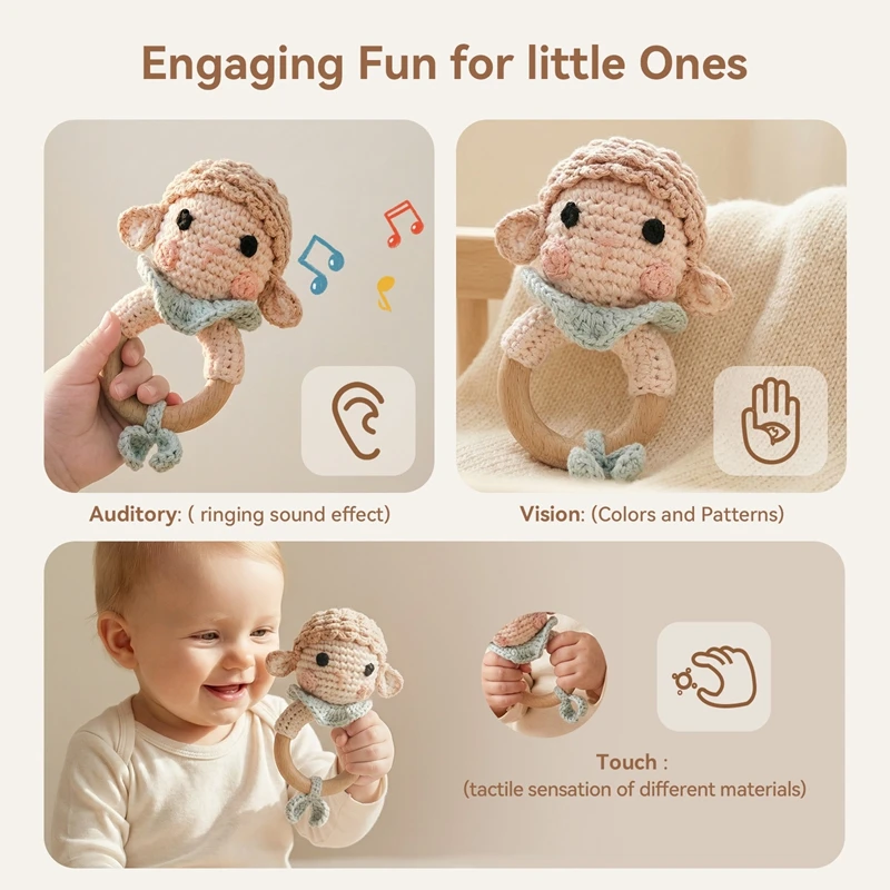 Holz-Beißring für Babys BPA-frei Tier-Häkelrassel Montessori Kinderspielzeug Neugeborenen-Geschenk Gehäkelte Schaf-Rassel Image