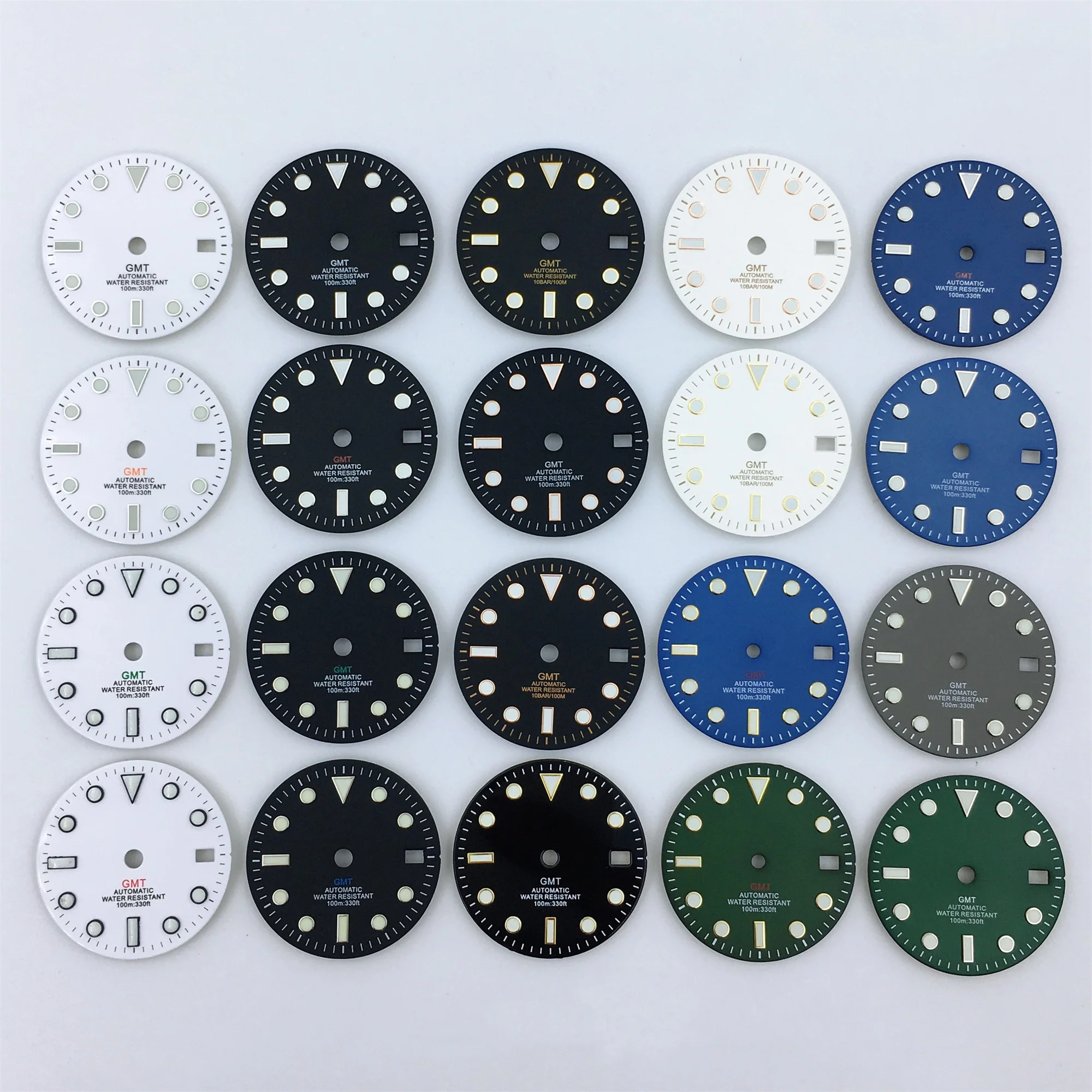29 mm NH34-Uhrenzifferblatt, schwarz, weiß, blaues Zifferblatt, grün, blau, rot, orange, GMT-Text, passend für NH34 GMT-Uhrwerk, grün leuchtend