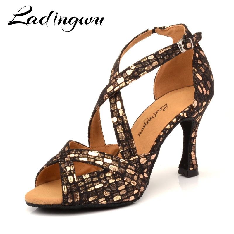 Ladingwu Neue Latin Dance Schuhe Frau Tanz Schuhe Glod Schwarz Ballroom Latin Dance Schuhe Wildleder Ballsaal Schuhe Dance Sandalen