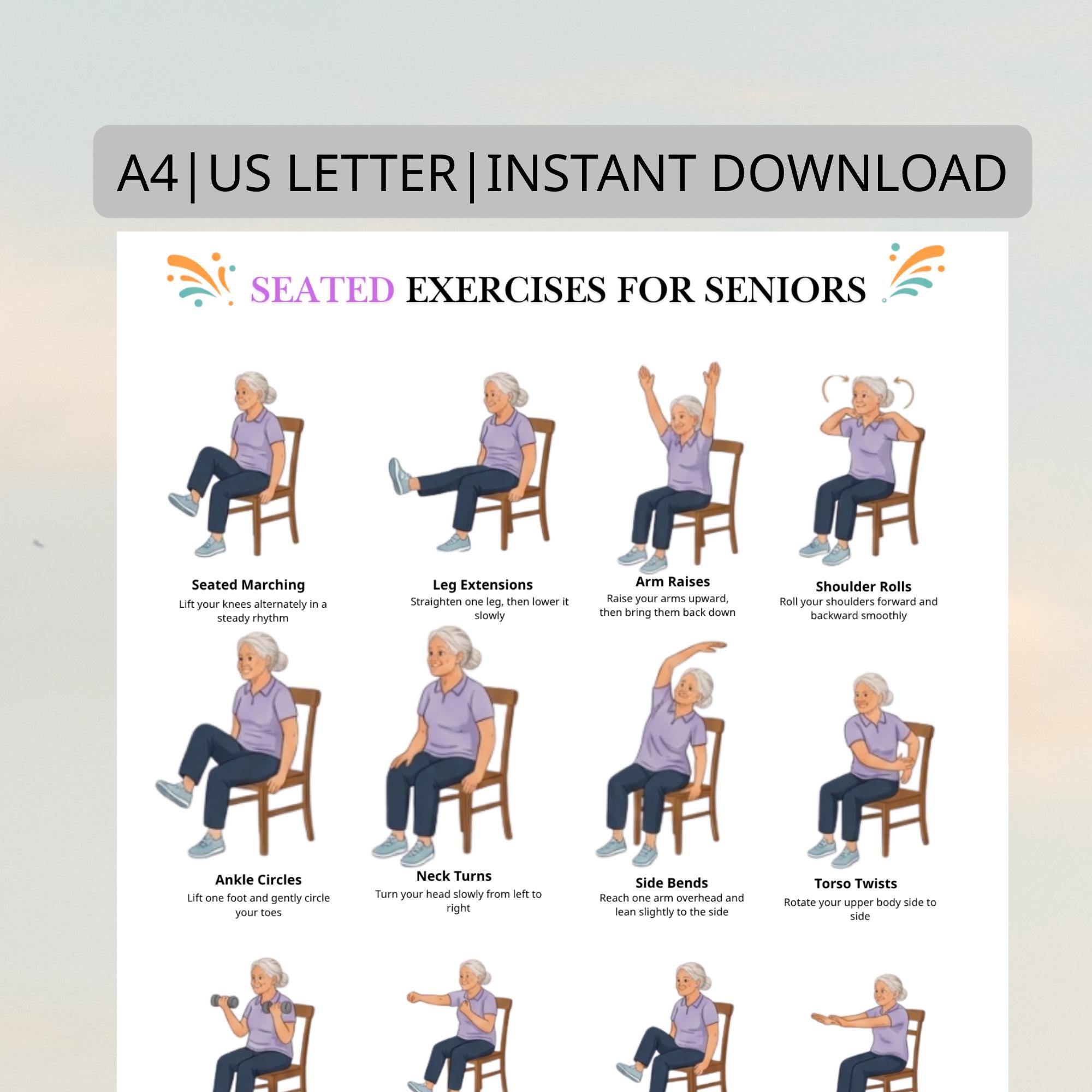 Esercizi da seduti per anziani, tabella di esercizi da seduti in PDF, tabella di allenamento da seduti, fitness dolce per anziani, routine a basso imp