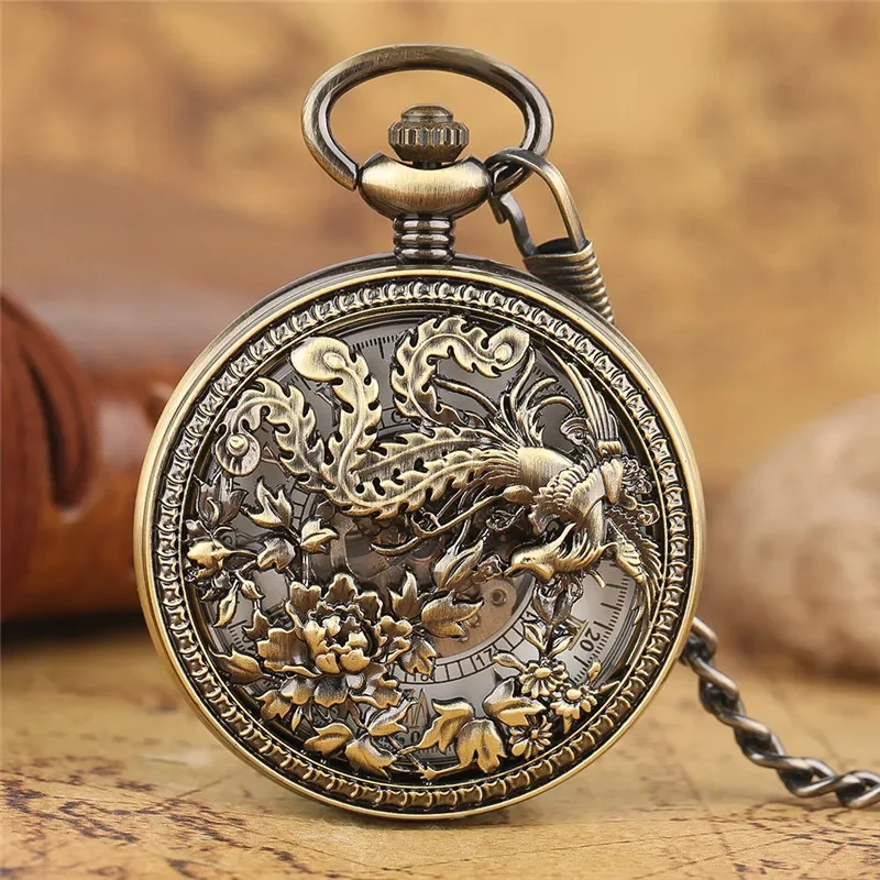 Retro Aushöhlen Phoenix Taschenuhr Männer Frauen Automatische Mechanische Uhren Kupfer Skeleton Uhr mit FOB Anhänger Kette Geschenk Image