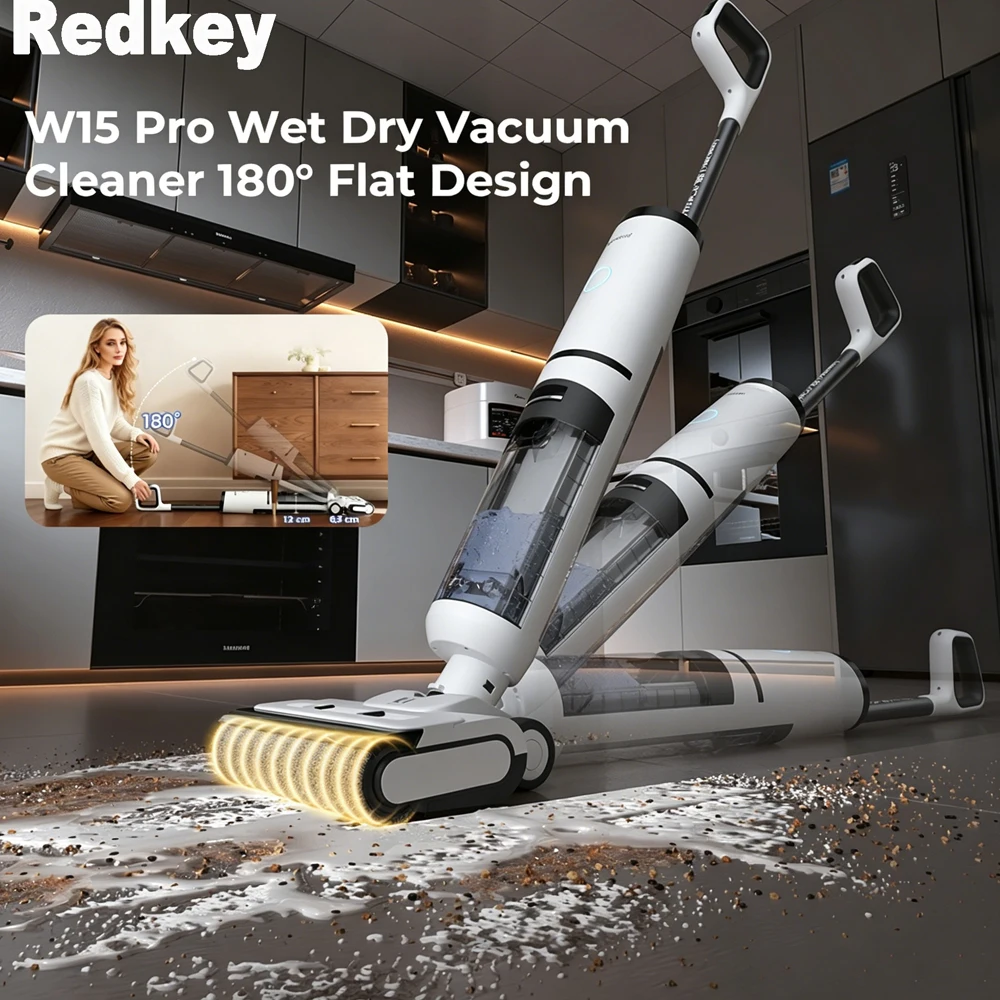 Redkey W15 Pro Kabelloser Staubsauger und Wischmopp mit Selbstreinigung, bis zu 55 Minuten Laufzeit, 180° ° Flachliegendes Design, 55 ℃ Temperaturtrocknung