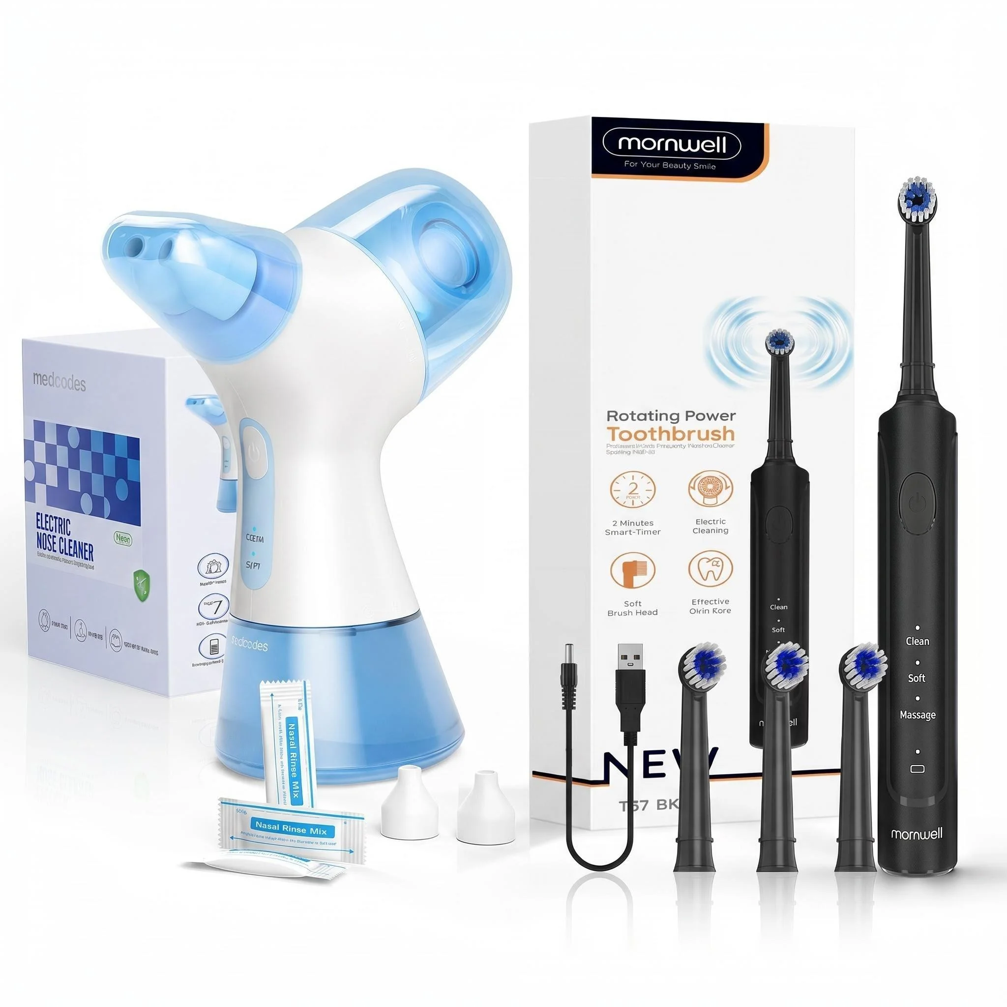 Selbstreinigende Elektrische Nasenspülung & Wasserflosser-Kombination, Automatische Abfallsammelfunktion, Ausgestattet mit 30 Salzbeuteln Image