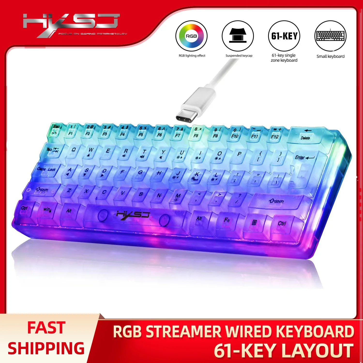 HXSJ 60 % kabelgebundene, transparente Gaming-Tastatur, RGB-Hintergrundbeleuchtung, ultrakompakt, wasserdicht, kleine kompakte 61-Tasten-Tastatur für PC/Mac Image