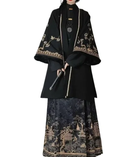 Winter Große Größe 8XL Hanfu Damen Antikes Chinesisches Vintage Ming-Dynastie Schwarzes Verdicktes Langes Mantel-Set mit Pferdegesicht-Rock 3-teilig Image