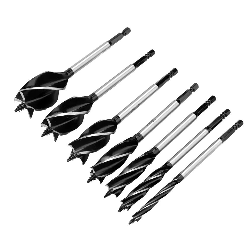 Schwarzer Vierklingen-Stützbohrer, 6,35 mm Sechskantgriff, 8–35 mm, vier Steckplätze, elektrischer Schraubenschlüssel, Schubladen-Türschloss, Holzbearbeitungs-Lochöffner Image