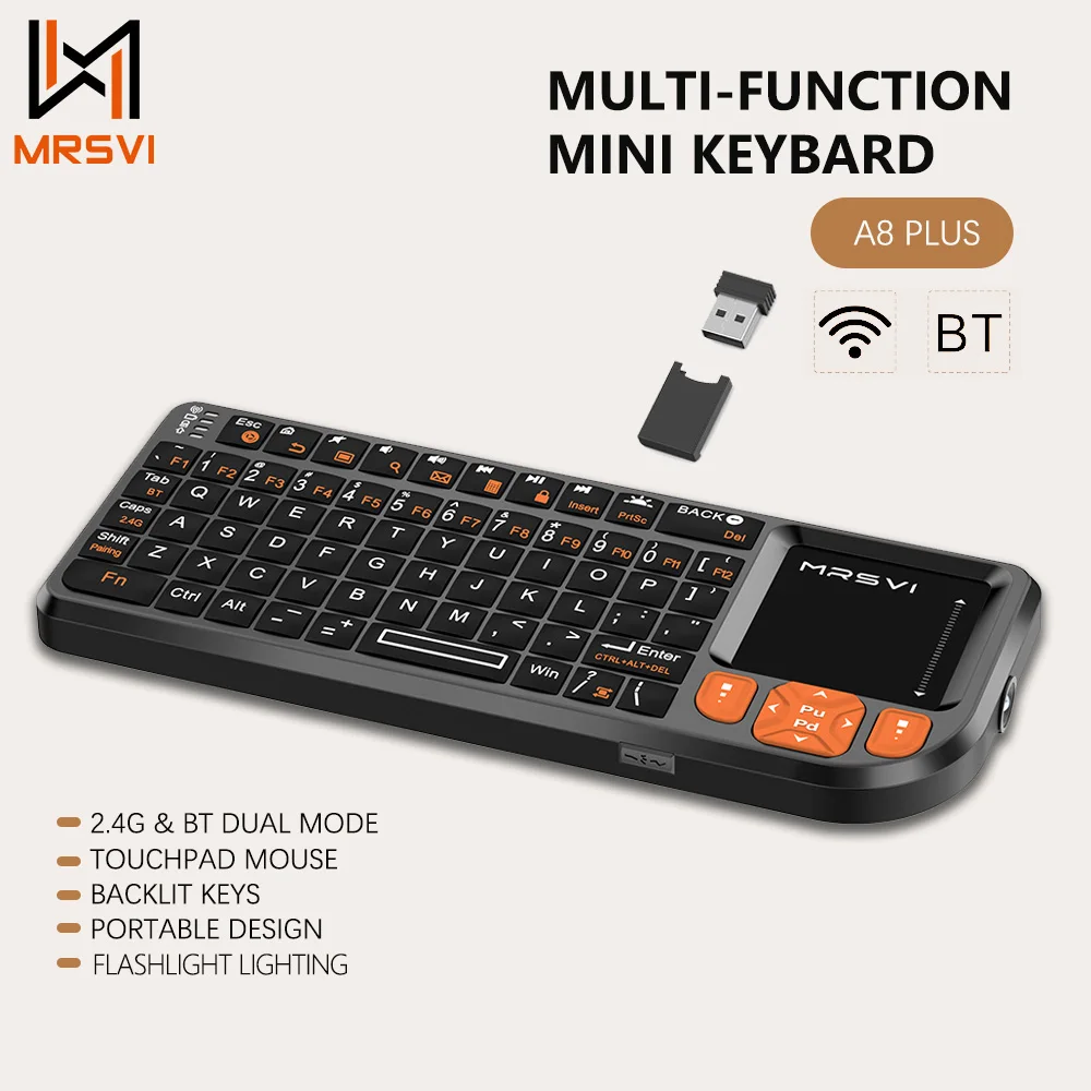 MRSVI Mini-Bluetooth-Tastatur A8 PLUS, kabellose 2,4-GHz-Tastatur mit Hintergrundbeleuchtung und Touchpad für Android TV Box, Mac, Laptop, Windows Image