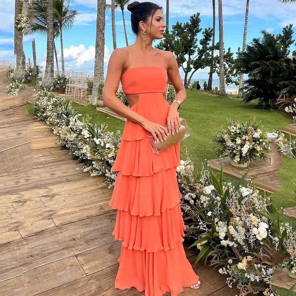 Sexy Abendkleid 2024 träger lose gestufte Säule rücken frei aus geschnitten elegante Frauen besonderen Anlass Kleid orange Abschluss ball Party kleider Image