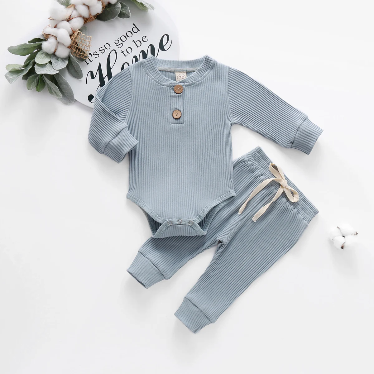 Infant Baby Stricken Outfits Anzüge Tasten Oansatz Rippen feste kleidung Langarm Bodys Romper Top + Elastische Lange Hose Image