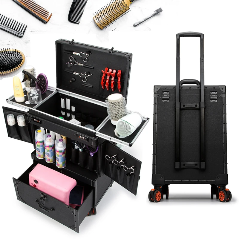 Punk Friseur Werkzeugkasten Trolley Gepäck Tasche Nagel Schwarz Retro Oma Salon Schublade Professionelle Make-Up Werkzeug Box Großen Koffer