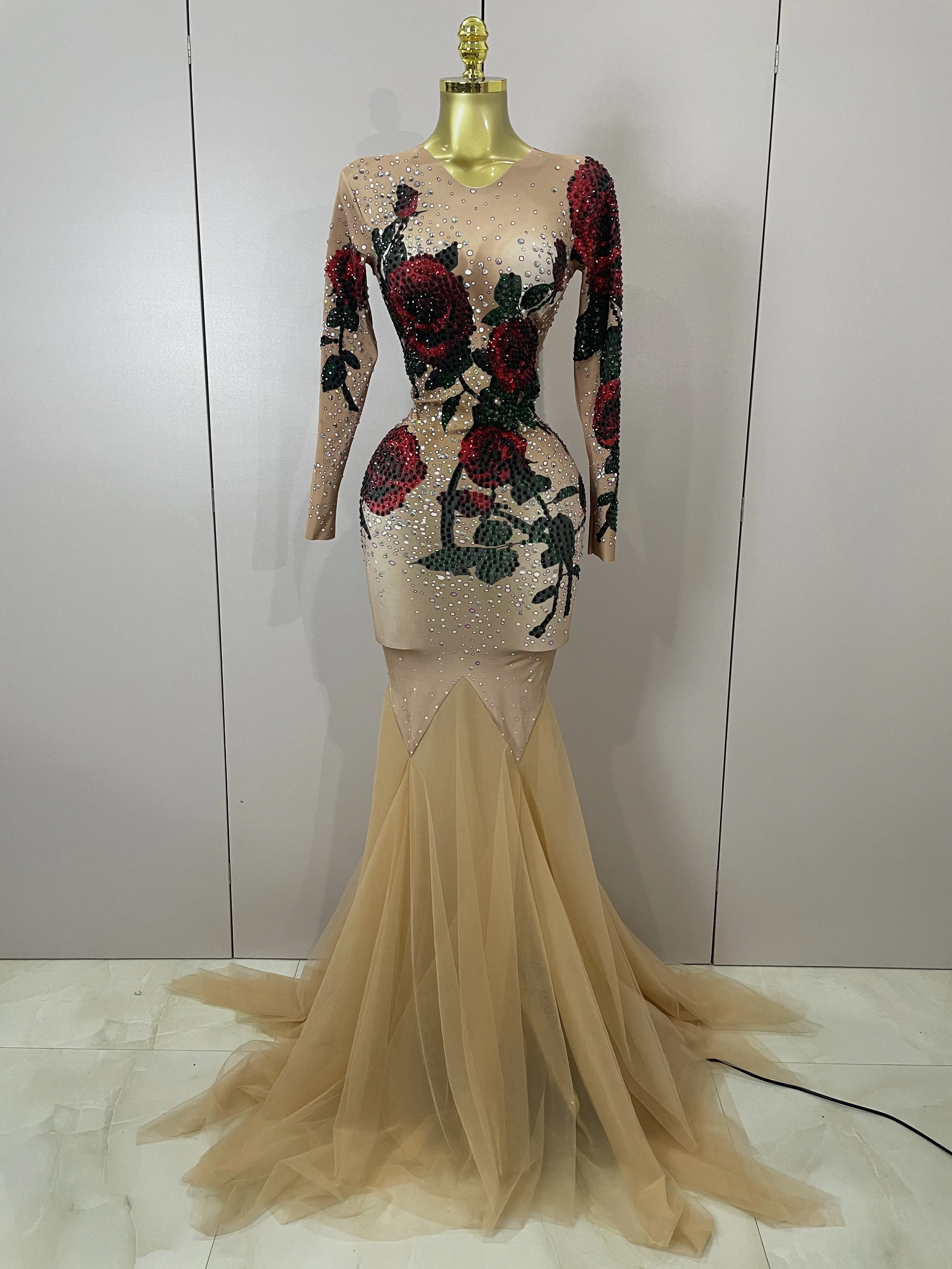 Sexy glänzendes Strass-Rosen-Blumen-bodenlanges Kleid für den Abend, Frauen, Abend, Feiern, Geburtstag, Party, Nachtclub, Performance-Kostüm