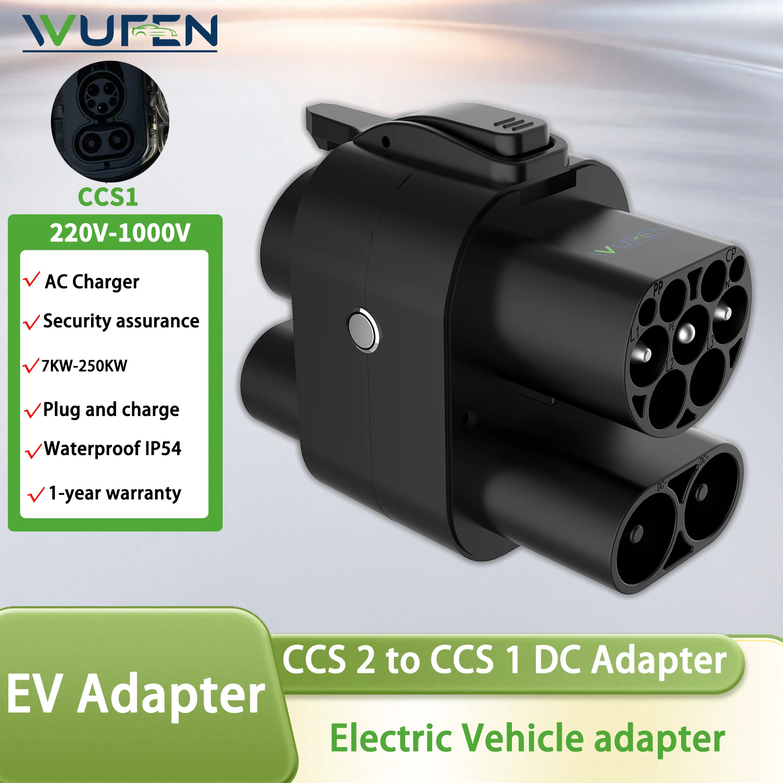 WUFEN EV-Ladeadapter CCS2 zu CCS1 AC&DC 32-250A 7-250KW Schnellladungsadapter CCS Combo 2 zu CCS Combo 1 für CCS1-Autoladung Image