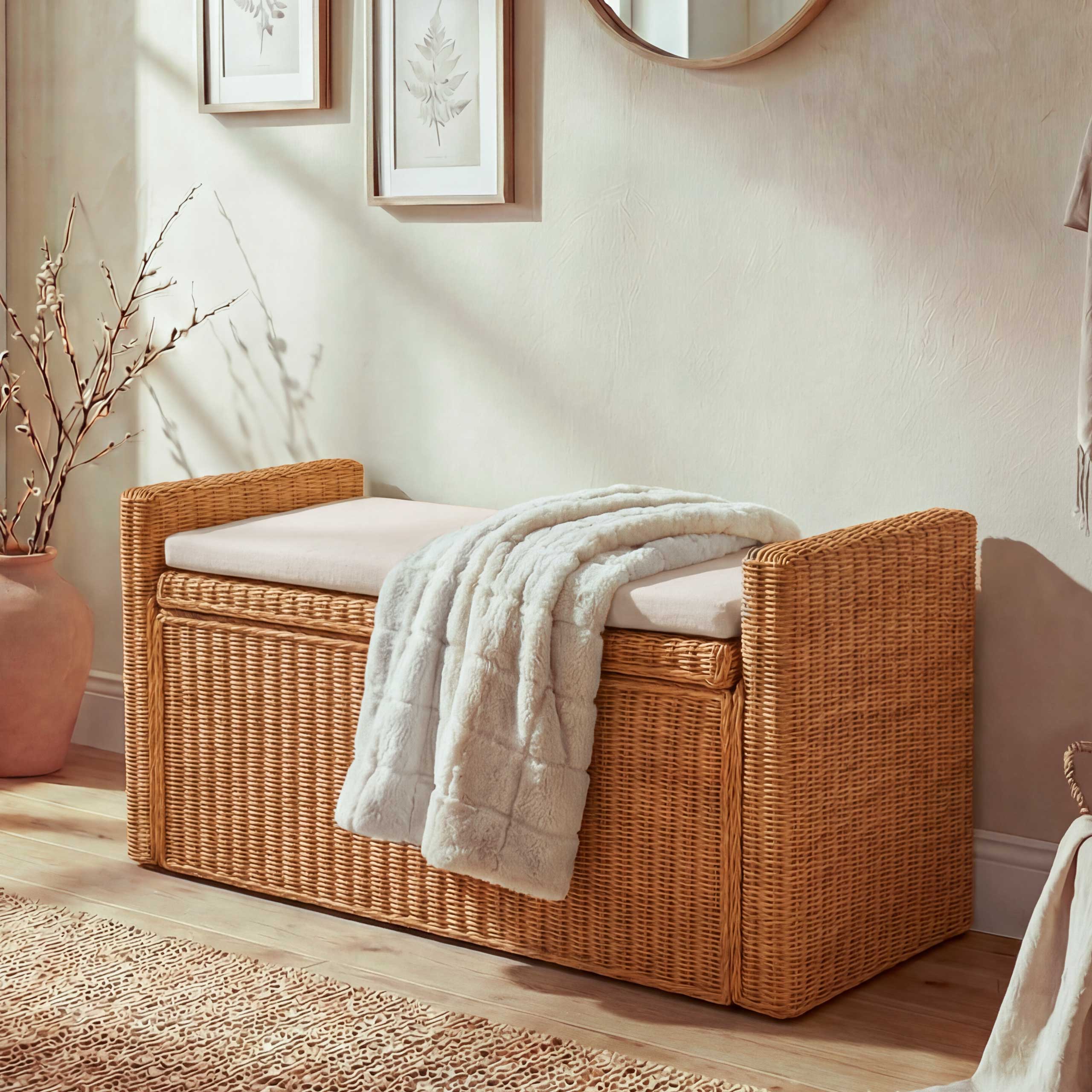 Sitzbank M92 Garderobenbank Bank Sitzhocker, mit Stauraum Kissen Kubu Rattan 88cm ~ honigfarben