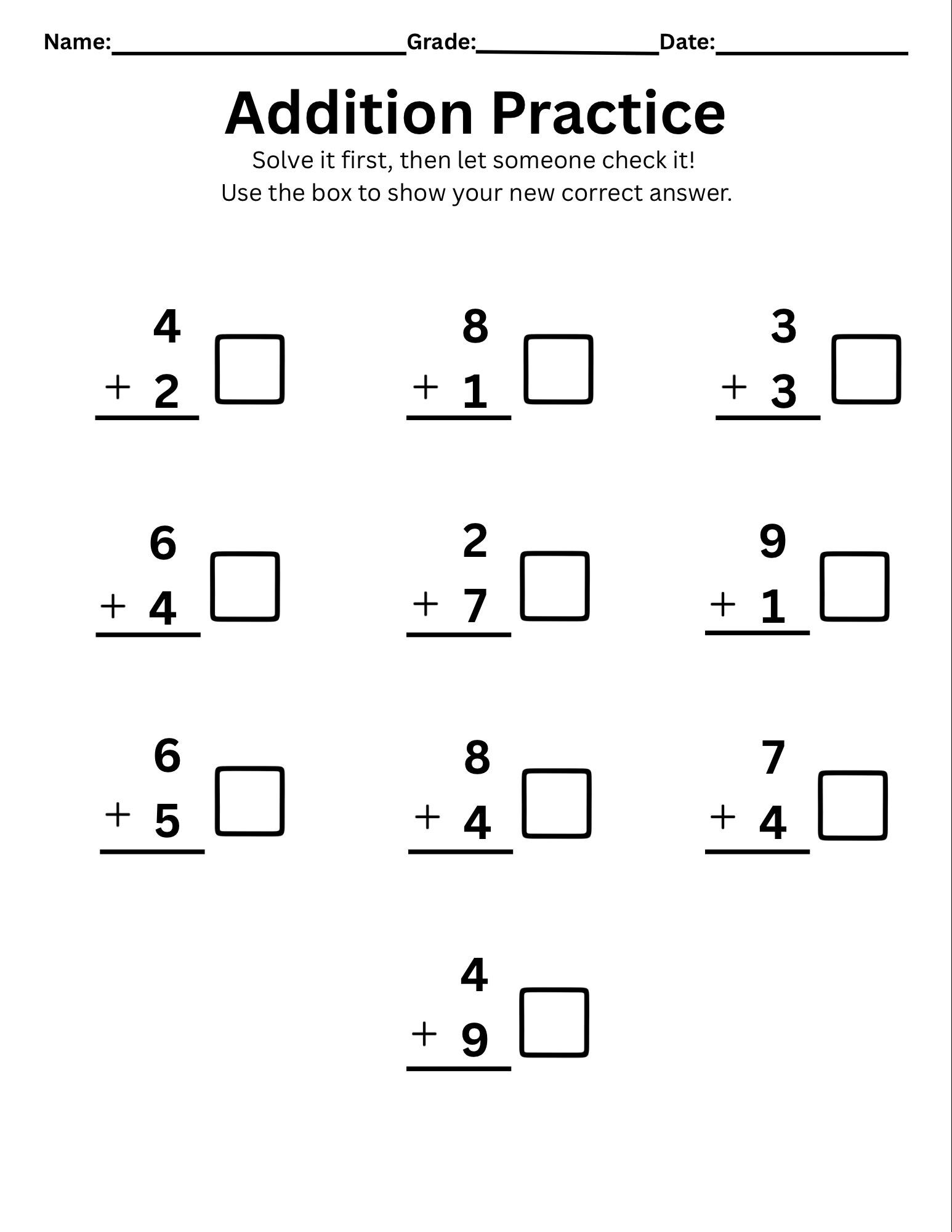 Foglio di lavoro stampabile per l'addizione con riquadro di correzione / Esercizi di matematica a una cifra / Risorsa per la scuola domestica e la cla