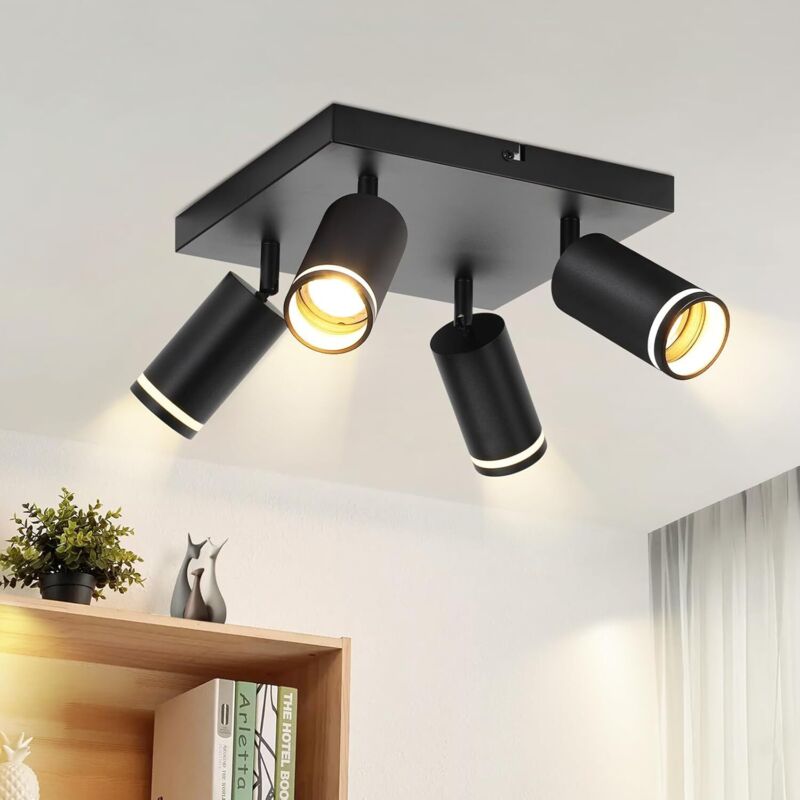 Plafoniera Gbly Faretto Da Soffitto A Led: Faretti Gu10 Neri 4 Lampadine Quadrata Girevole Plafoniera Moderna In Metallo Faretto Lampada Da Camera Da Letto, Senza Lampadina