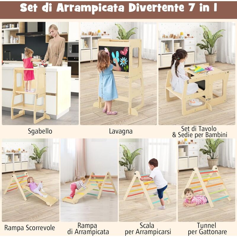 Triangolo Da Arrampicata Per Bambini, 7 In 1 Set Arrampicata Con Scivolo, Arco Di Arrampicata A Scala, Triangolo Di Gioco In Legno Per Arrampicata, Per Bambini 1 Anno+ (colorato) - Goplus