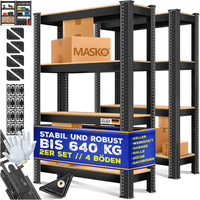 Set Di 2 Scaffali , Portata Fino A 875 Kg, 4 O 5 Ripiani Regolabili, Pannelli In Mdf, Scaffali In Metallo, Nero-700kg / 2x 160x80x40cm 4 Ripiani - Masko