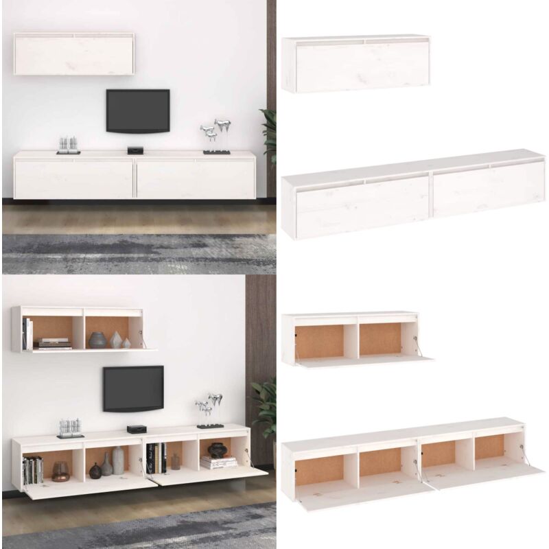 Set Mobile Tv 3 Pz Bianco In Legno Massello Di Pino - Mobili Porta Tv In Legno - Mobili Porta Tv Bianchi