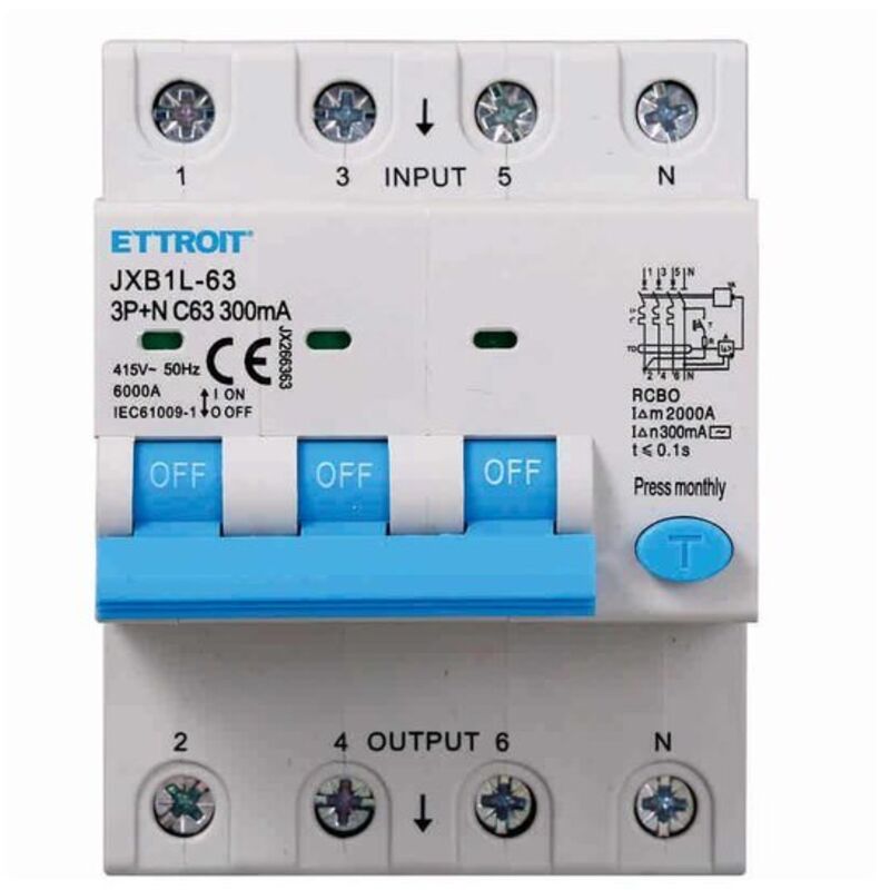 Interruttore Magnetotermico Differenziale 3p+n 63a 6ka 300ma 380v Occupa 4 Moduli Din - Ettroit