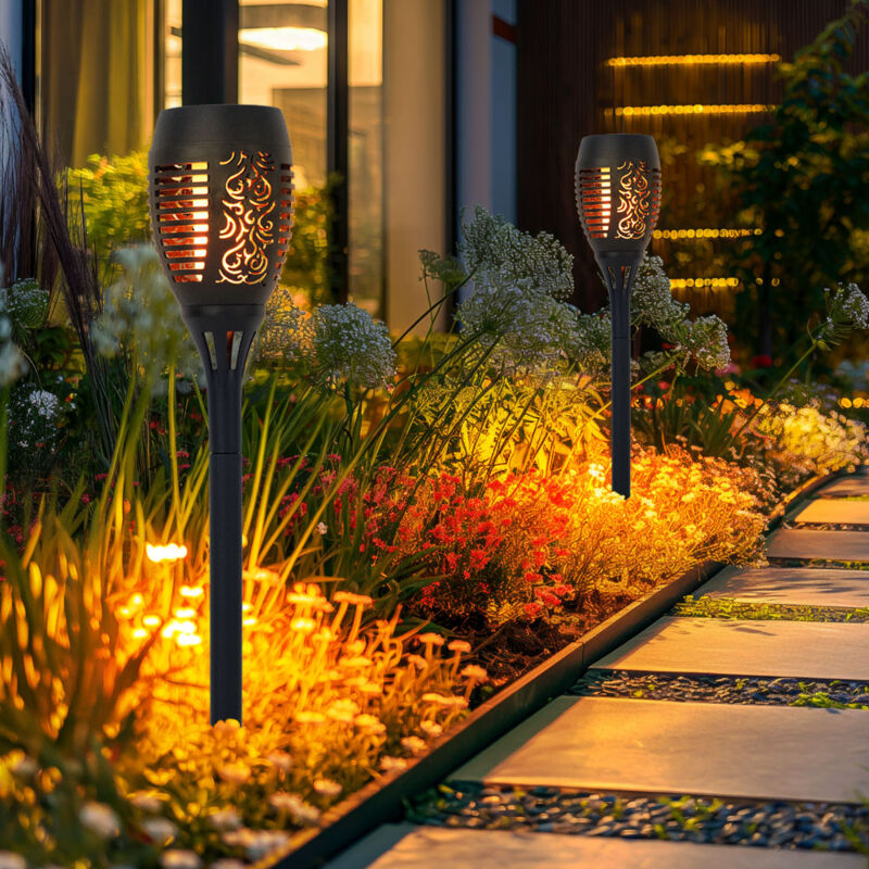 Torcia Solare Effetto Fuoco, Torcia Solare, Effetto Fiamma, Lampada Da Giardino, Nera, Plastica, Lampadina Led Arancione, H 50 Cm, Set Da 2