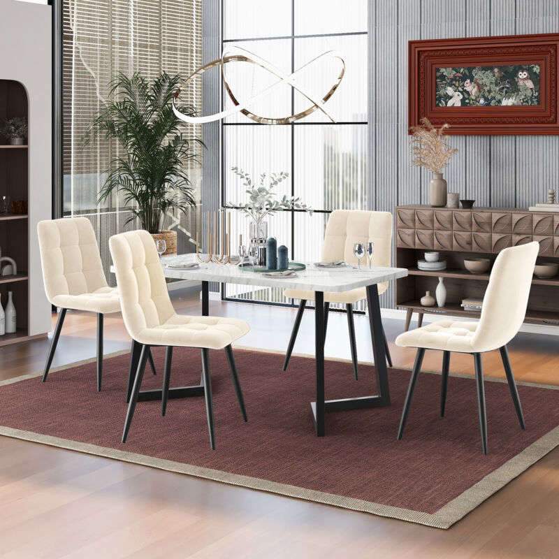 Set Tavolo Da Pranzo Da 117 Cm Con 4 Sedie, Tavolo Da Pranzo Rettangolare, Set Tavolo Da Cucina Moderno, Sedia Da Pranzo, Sedia Da Cucina In Velluto Beige, Gambe Da Tavolo Nere