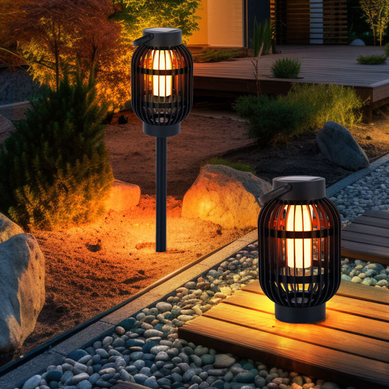 Lampada Da Tavolo A Luce Solare Led Effetto Fiamma Lampada Da Esterno 2 In 1 Lampada Da Giardino Con Picchetto, Plastica Nera, Con Maniglia Per Il Trasporto, Batteria, H 72,5 Cm, Set Da 2