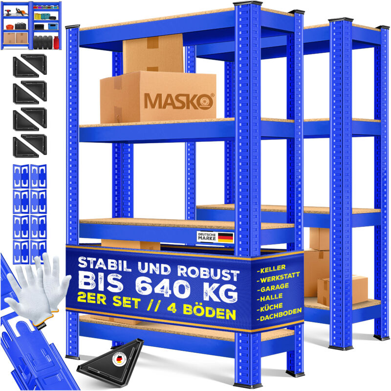 Set Di 2 Scaffali , Portata Fino A 875 Kg, 4 O 5 Ripiani Regolabili, Pannelli In Mdf, Scaffali In Metallo, Blu-700kg / 2x 160x80x40cm 4 Ripiani - Masko