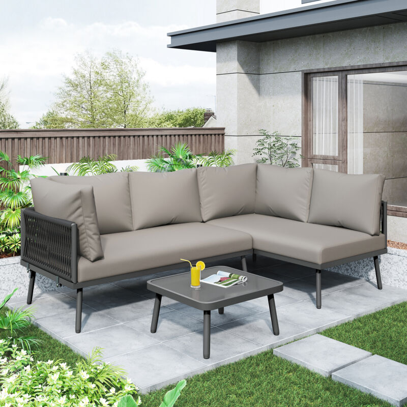 Set Lounge Da Giardino In Ferro, Set Mobili Da Giardino In Corda Grigia, Set Mobili Da Giardino A Forma Di L, Set Lounge In Corda Grigia Con Cuscino Del Sedile, Gambe Regolabili, 2 Divani E 1 Tavolo