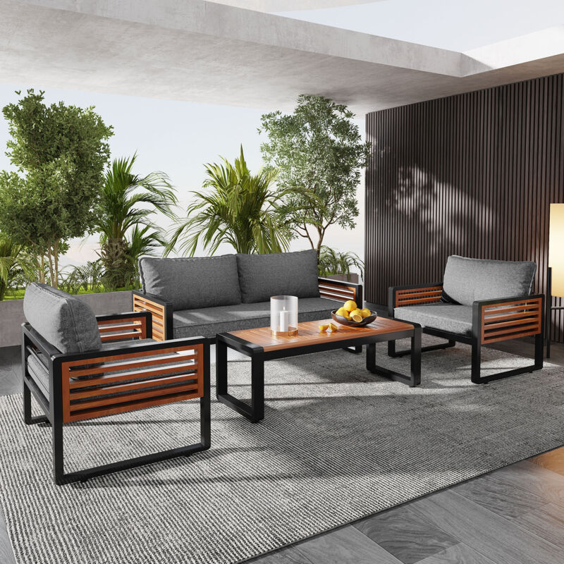 Set Di Mobili Da Giardino, Set Di Mobili Da Giardino Con Struttura In Ferro Zincato, (set Ampio, Set Tavolo Da Pranzo 4 Pezzi, Divano 1x2 Posti, 2 Sedie Singole, 1x Tavolo), Braccioli Decorativi In Le