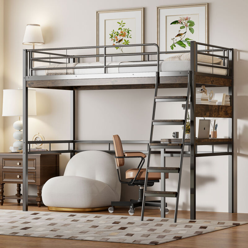 Letto A Soppalco Con Scrivania, Letto A Soppalco Per Bambini, Letto A Soppalco Per Ragazzi 90x200 Cm Con Ripiani, Balaustra, Scala, Struttura Letto In Metallo, Nero