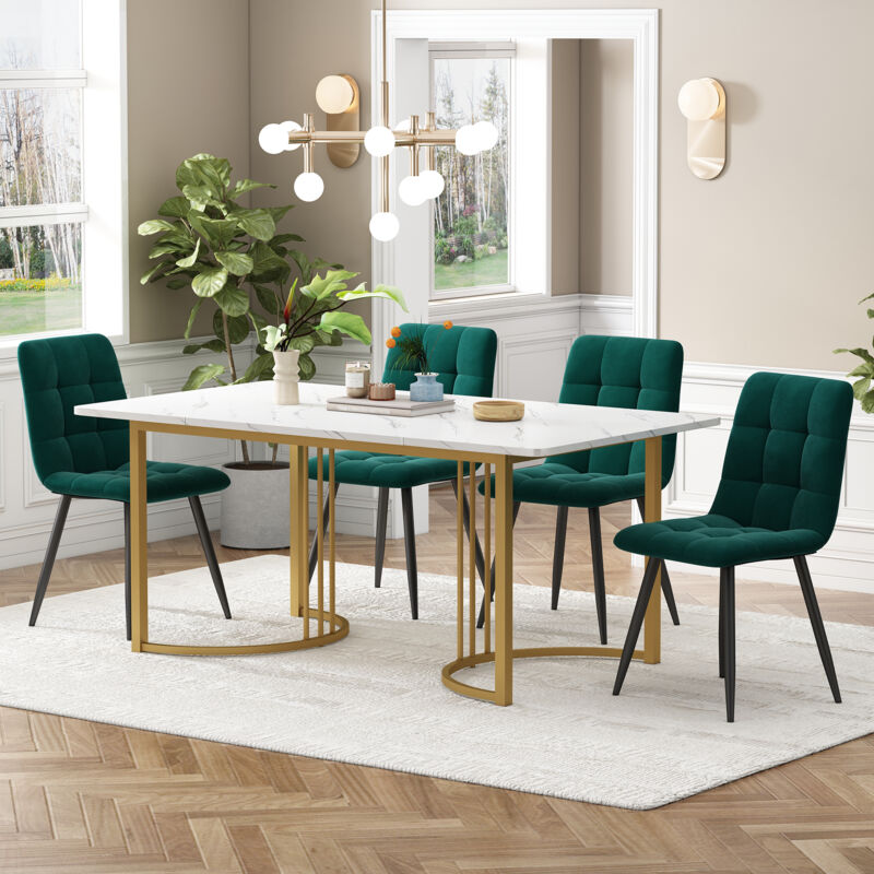 Gruppo Da Pranzo (5 Pezzi), Set Tavolo Da Pranzo Con 4 Sedie, Set Tavolo Da Cucina Moderno, Tavolo Da Cucina 140x80 Cm Con Gambe In Metallo Dorato, Piano In Mdf Bianco, Sedie Da Pranzo In Velluto Verd