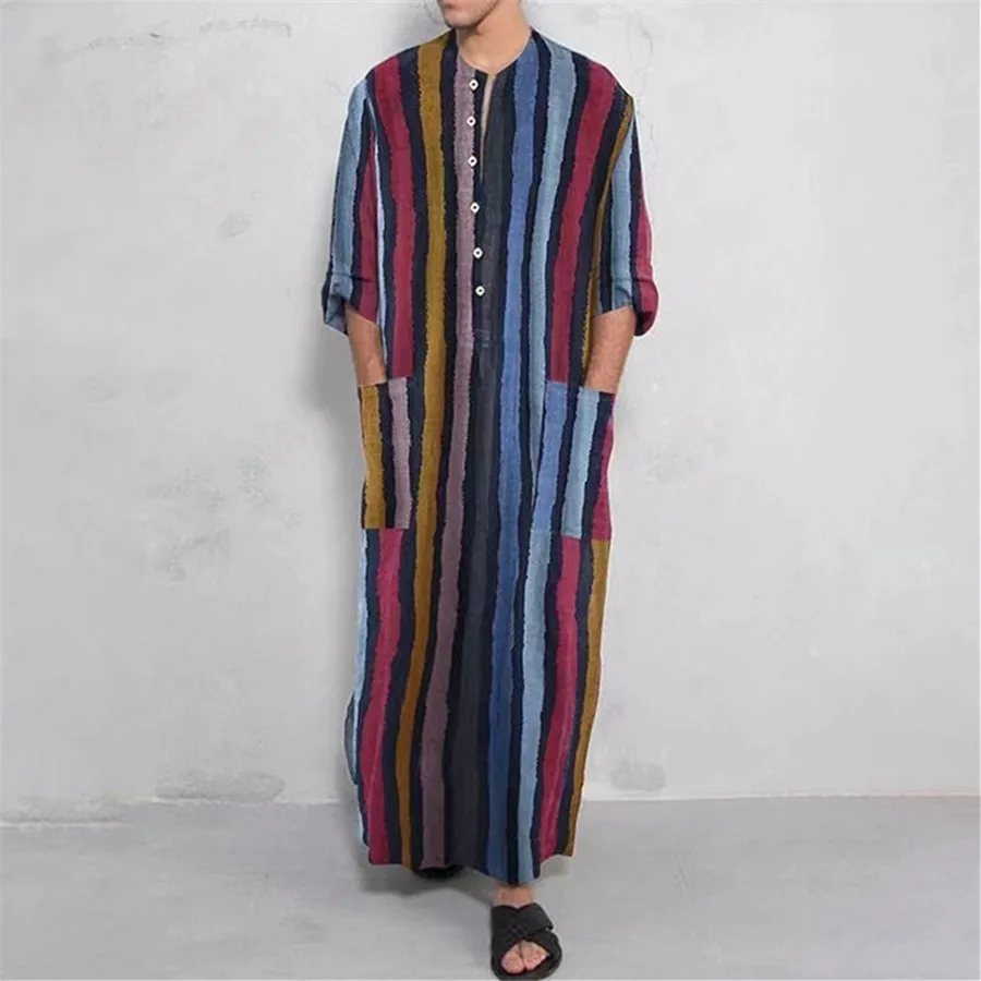 Muslimische Herrenkleidung Nachthemd Gestreiftes Ethnisches Arabisches Dubai Jubba Thobe Retro Baumwolle Islamische Abaya Kaftan Herren Übergrößen 5XL Image