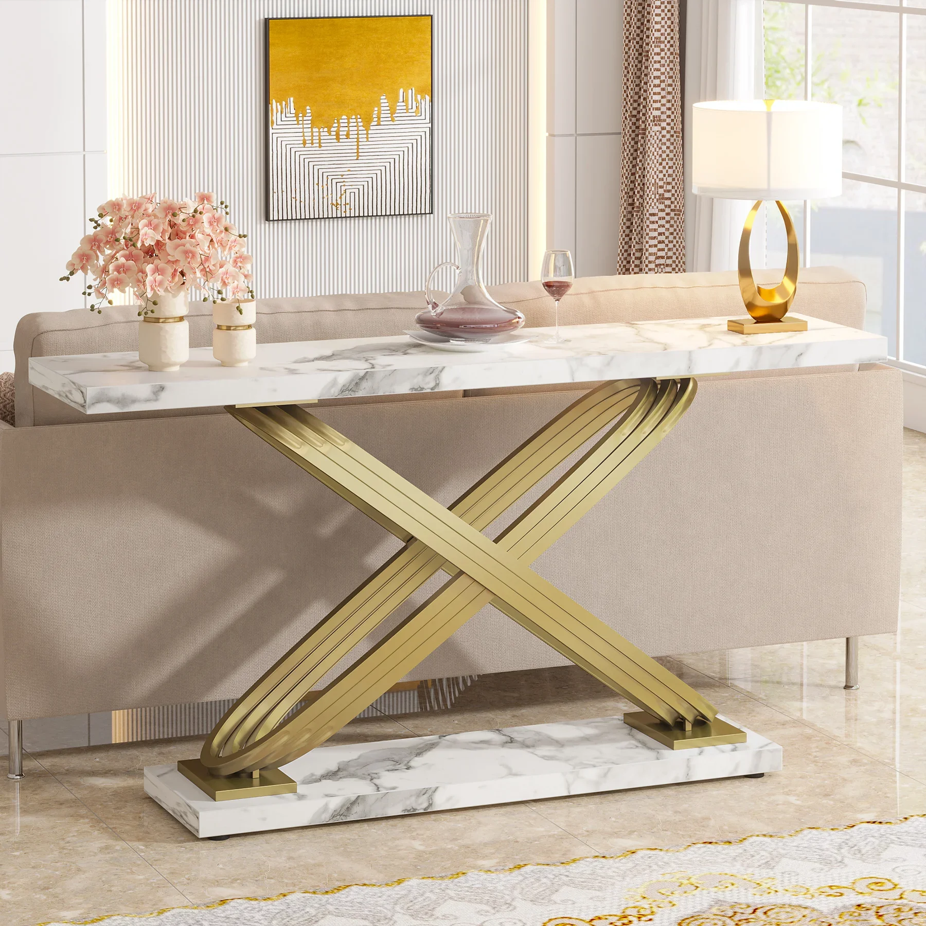Tribesigns 55-Zoll-moderner Konsolentisch, goldener Eingangstisch aus Kunstmarmor in Gold hinter der Sofacouch, schmaler rechteckiger Sofatisch