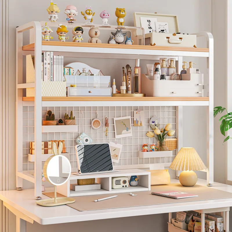 Bücherregal Bücherregal mit Gitter Desktop mehrschichtiges schmiedeeisernes Regal Student Computertisch Tisch Lochbrett Tisch Holzregale Image