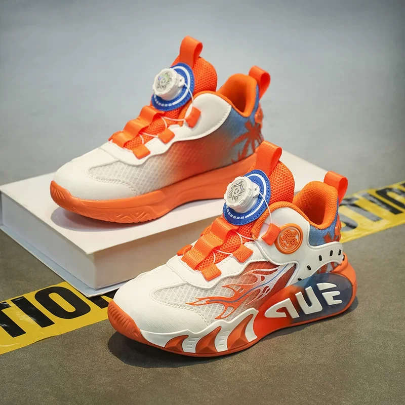 Modische orangefarbene Kinder-Sportschuhe mit Drehverschluss für Jungen und Mädchen, rutschfeste Plattform-Freizeitschuhe, Kinder-Trainer