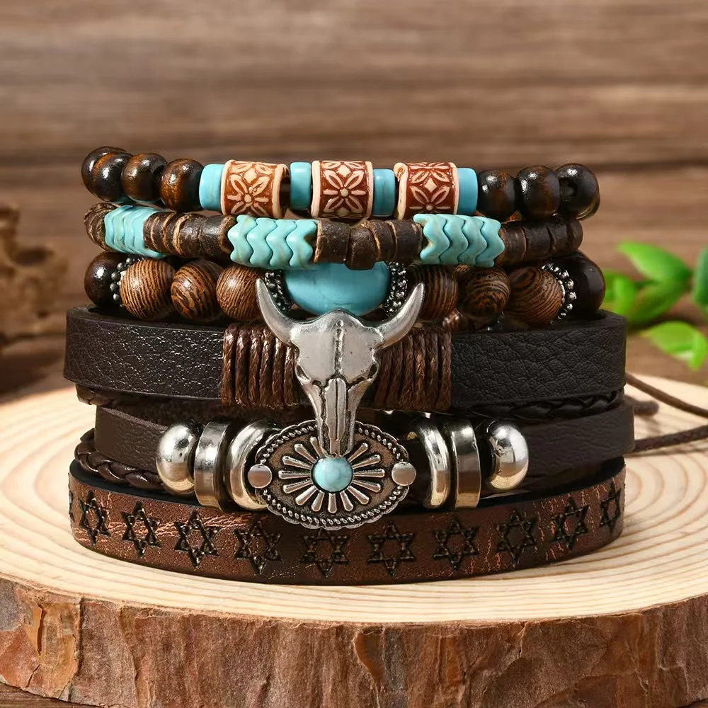 Vintage Feder Casual 6 Teil/satz Baum Handgemachte Männer Armbänder Männliche Frauen Leder Armbänder Männer Armreif Großhandel Schmuck Geschenk
