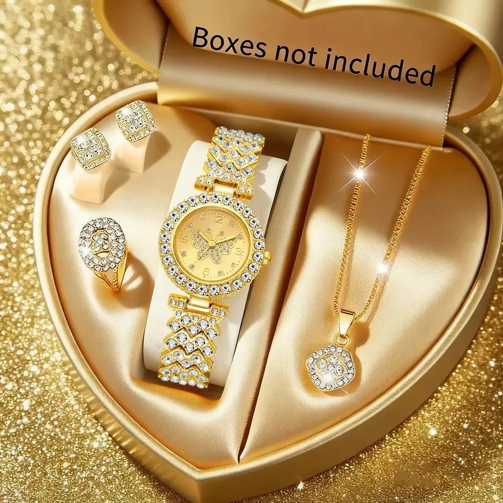 5-teiliges Luxus-Quarzuhr-Set für Damen mit Strass-Schmetterlingszifferblatt, elegantes Damen-Armbanduhr-Schmuckset (ohne Box) Image