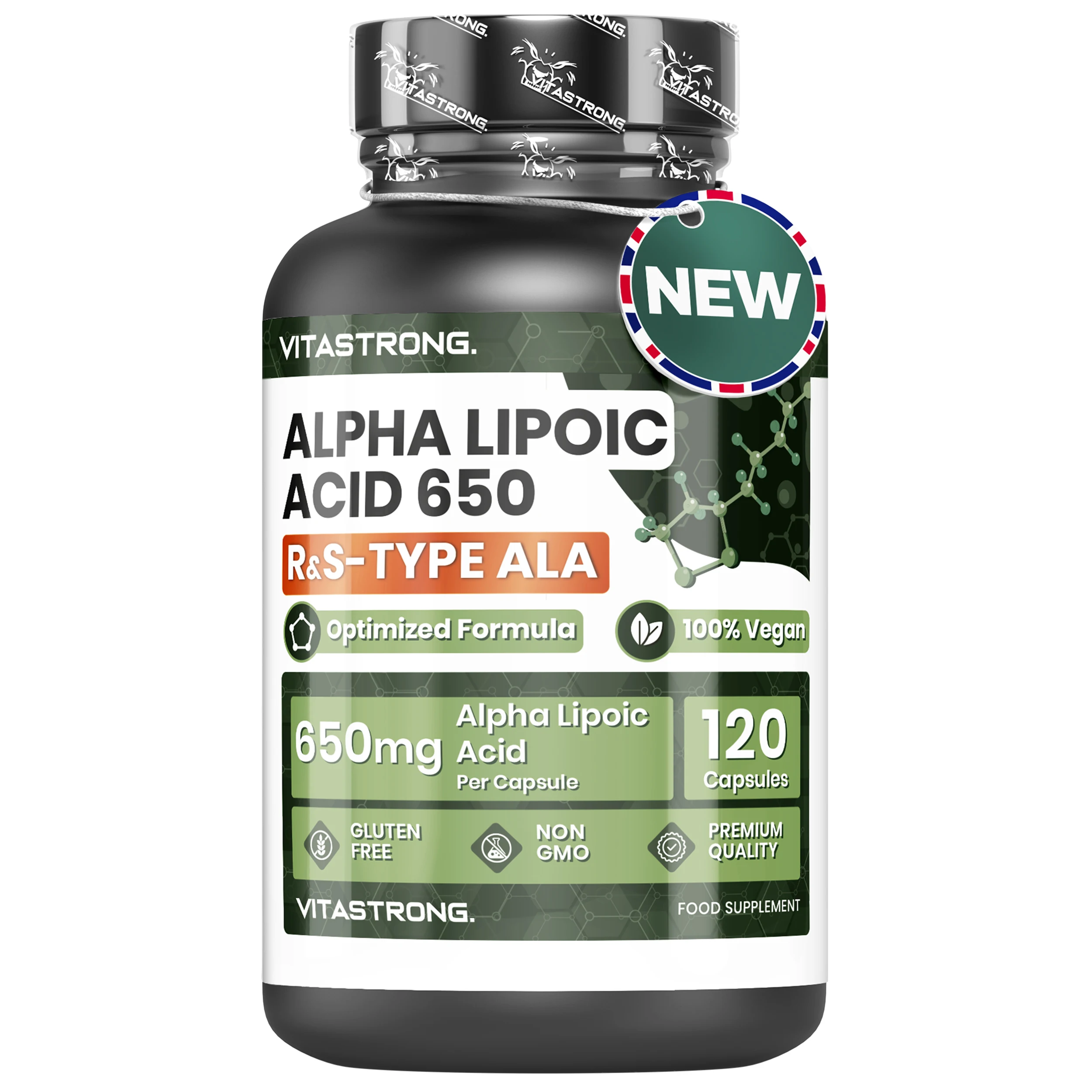 Alpha-Lipolasäure mit Zinkoxid 650 mg, optimierte Formel, Liposäure Typ R und D, ALA-Ergänzung 100 % vegan, 120 glutenfreie Kapseln, keine GMOs, Alpha-Lipolasäure, Vitastrong-Qualität Image