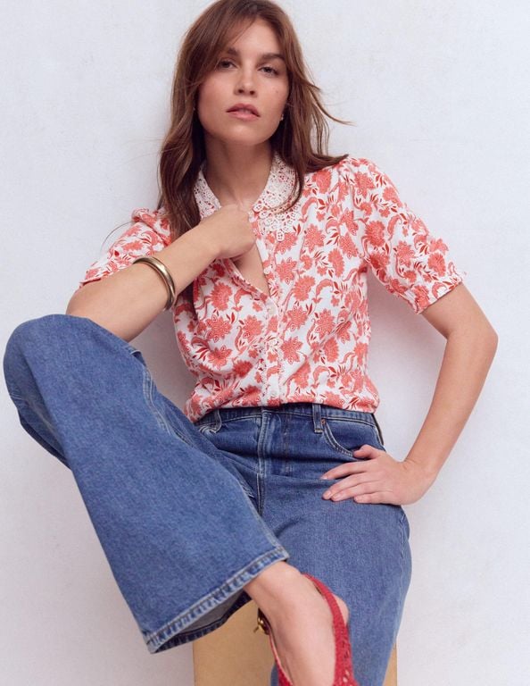 Nessa Broderie Collar Blouse - Pink - Boden Tops