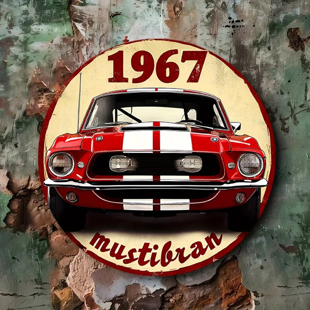 Vintage 1967 Mustang Muscle Car HD-Druck-Metallblechschild – mit klassischem roten Ford Mustang und weißen Rennstreifen, rundes Design